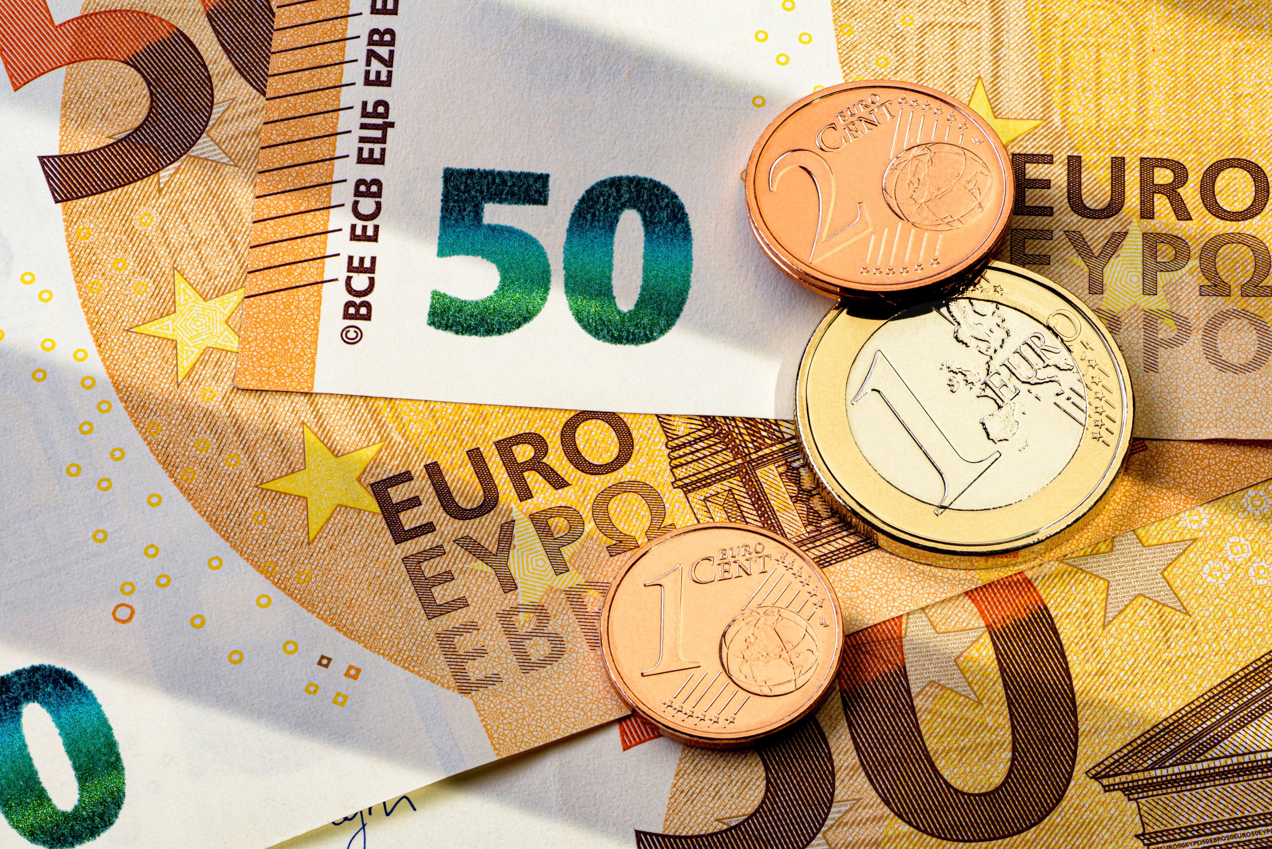 Close-up of fifty euro banknotes and coins on a table.
